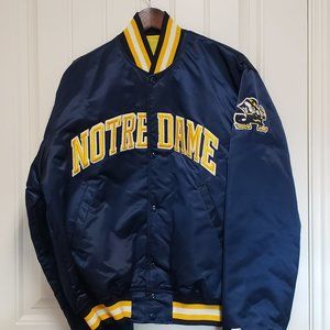 Vintage Notre Dame Fighting Irish Jacket, Quilted, Satin Navy Blue. Adult L.